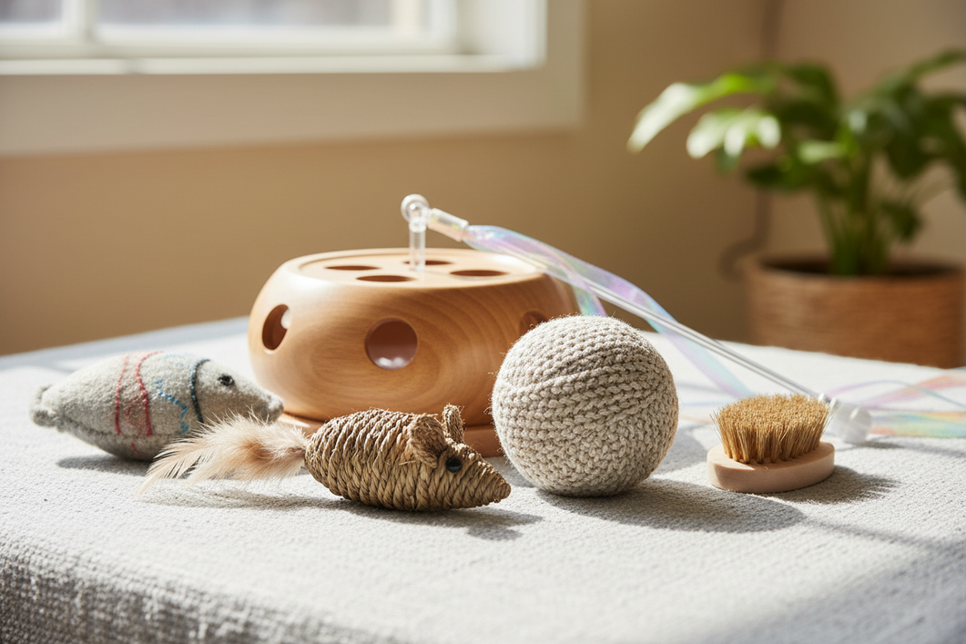 Cat toy assortment showing different textures and play styles on a neutral surface
