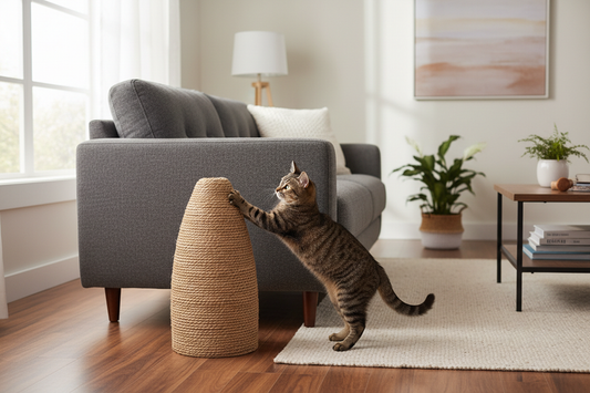 Cat scratching post placed beside a couch corner in a living room, showing a clear replacement target for redirecting scratching behavior