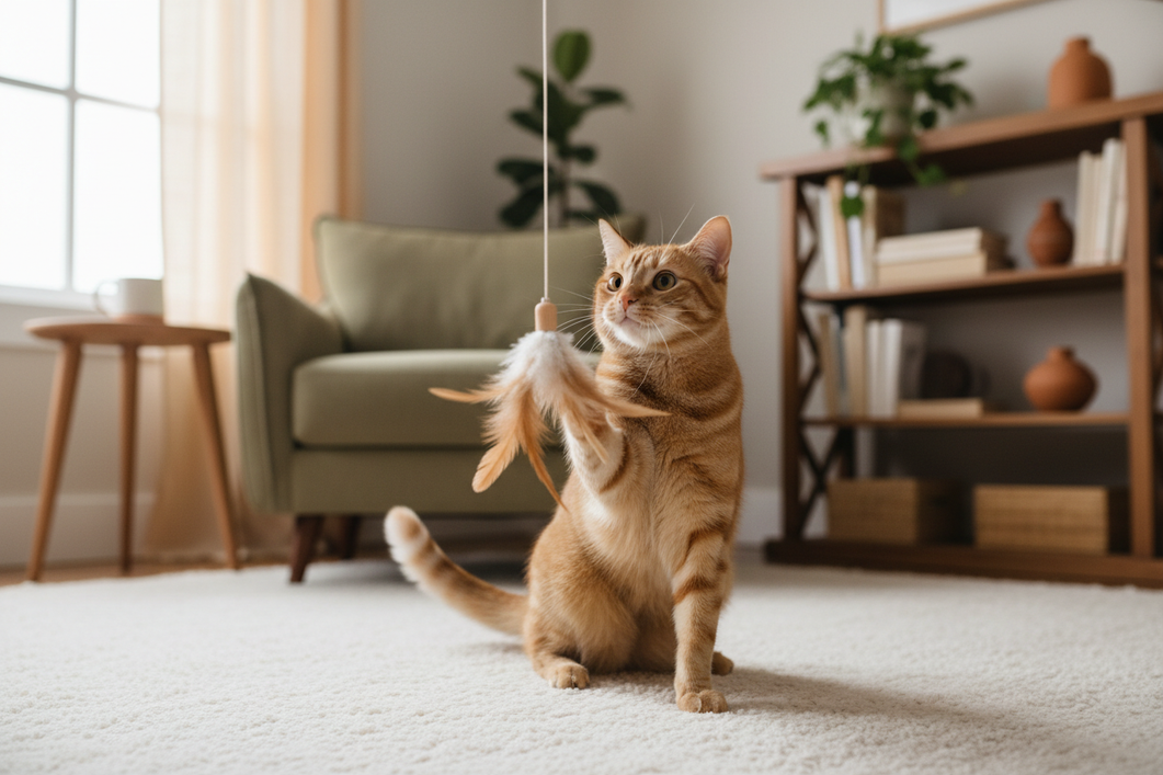 A cat playing with a wand toy in a living room, showing renewed attention during play