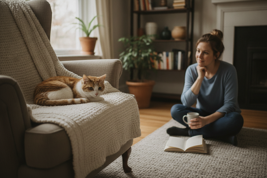 Cat resting during the day while an owner calmly observes its behavior at home