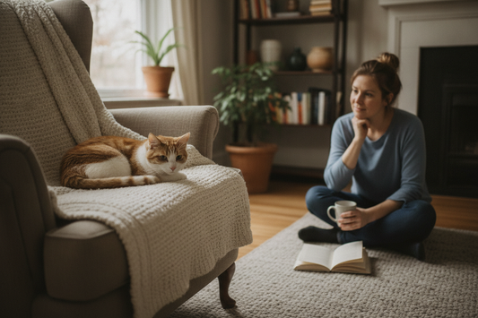 Cat resting during the day while an owner calmly observes its behavior at home