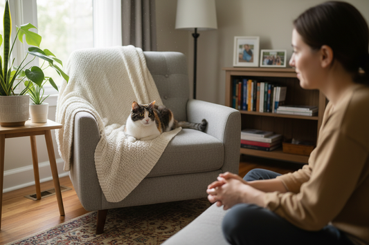 Cat calmly interacting with a person in a bright home setting while the person observes its body language