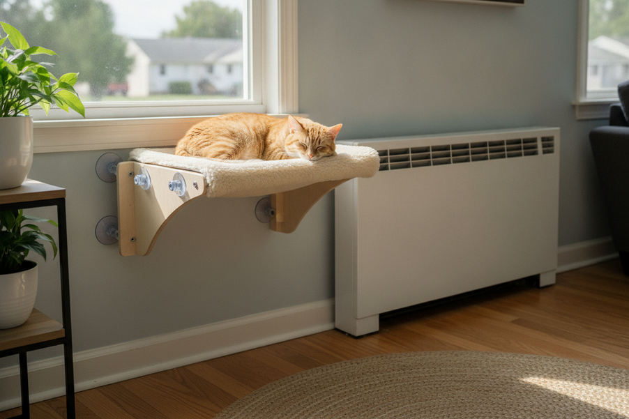 Cat window perch positioned safely away from a room heater with open space around it