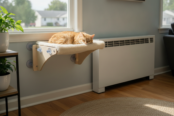 Cat window perch positioned safely away from a room heater with open space around it