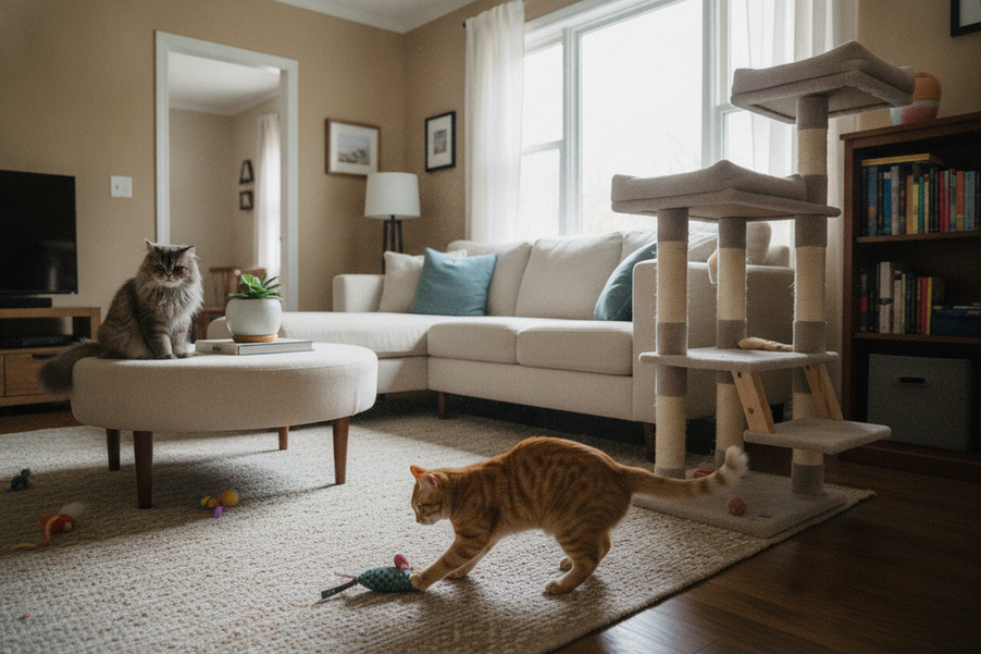 Two cats in a home play area with one participating and the other choosing distance, showing that shared play should remain voluntary
