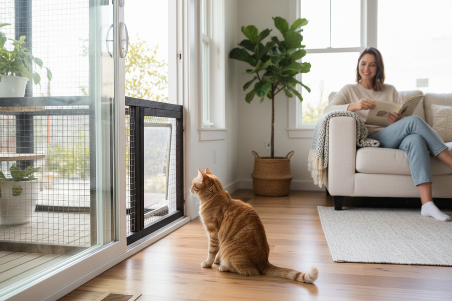 Cat and guardian near a secure catio entrance, with the cat looking toward the opening from indoors before first entry