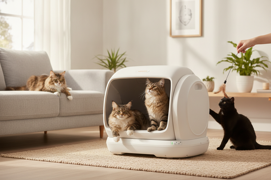 Automatic cat-care device presented in a clean multi-cat home setting with several cats nearby.