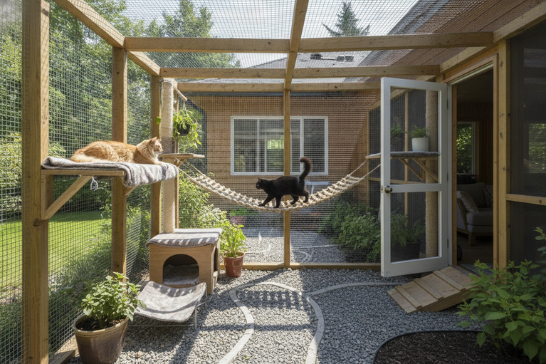 Two cats sharing an outdoor cat enclosure with clear paths to retreat and exit, seen in a wide view
