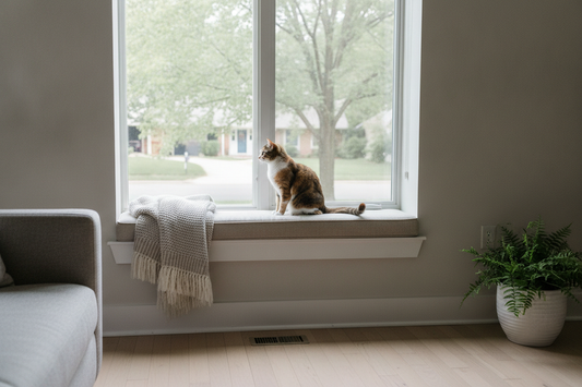 Cat resting at a window perch and looking outside in a calm home setting
