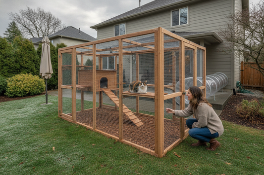 Catio sheltered from changing weather with a cat resting safely while an adult checks shade, footing, and the indoor entry route