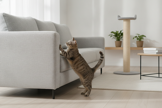 Cat scratching a couch arm while fully stretched upright beside the furniture