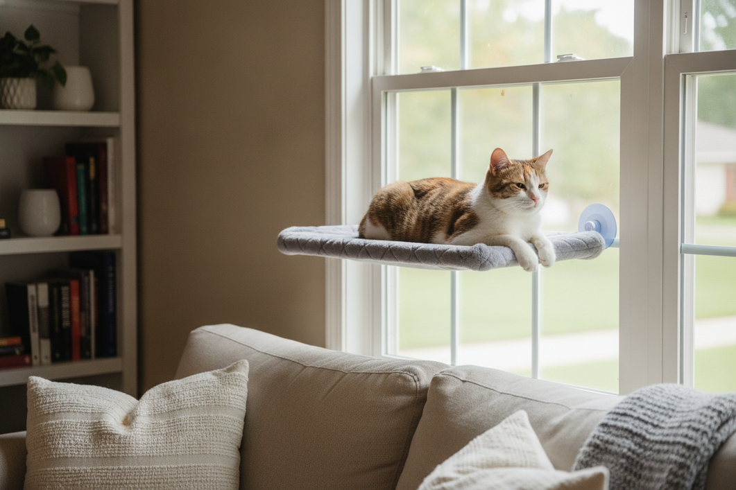 Relaxed cat resting on a window perch while looking outside in a bright home