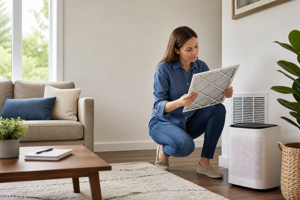 Homeowner inspecting an HVAC filter beside a portable air cleaner in a bright living room