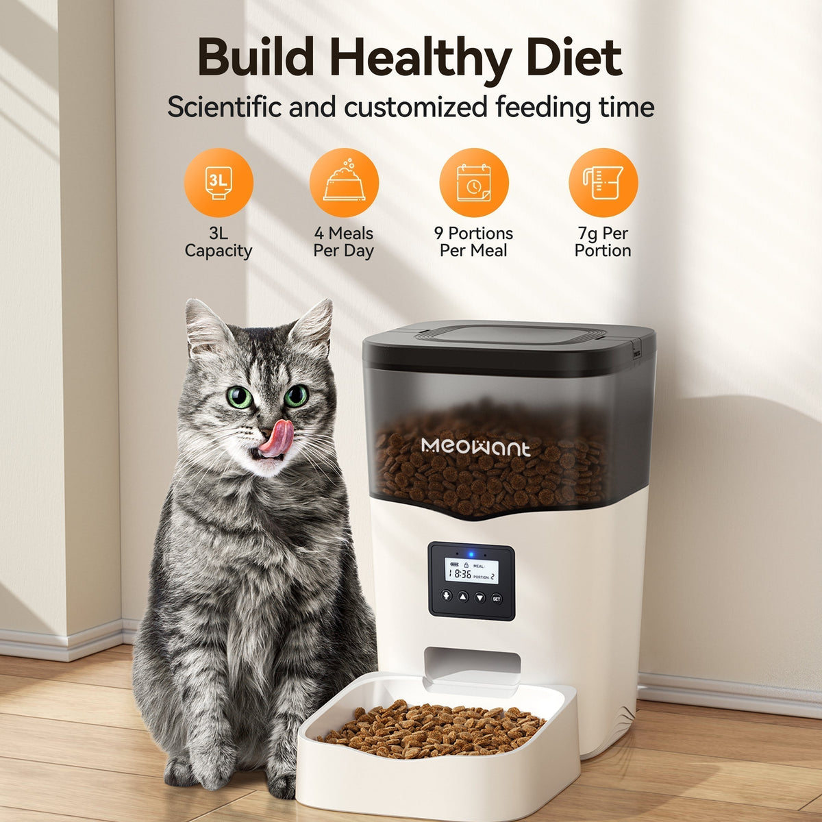 Meowant automatic cat feeder with a cat and dry food showing scheduled portion control