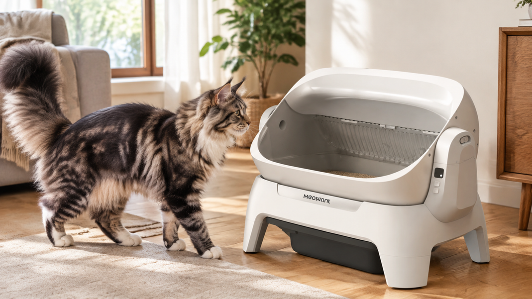 An orange cat approaching a white automatic litter box in a home
