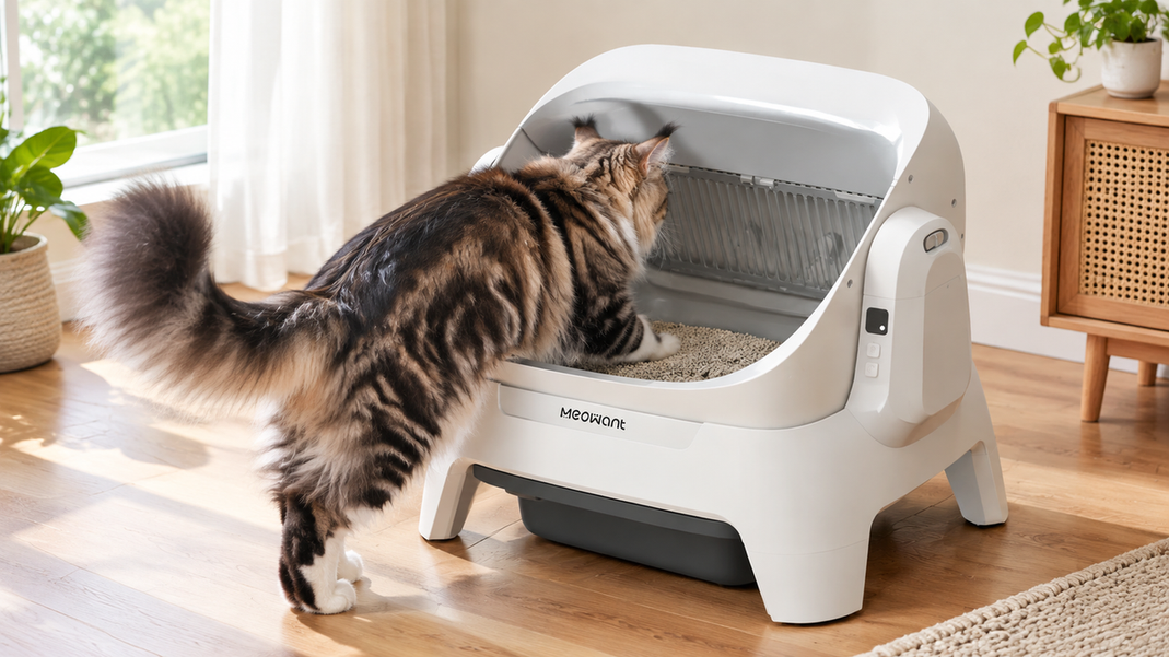 A cat entering an automatic litter box at home