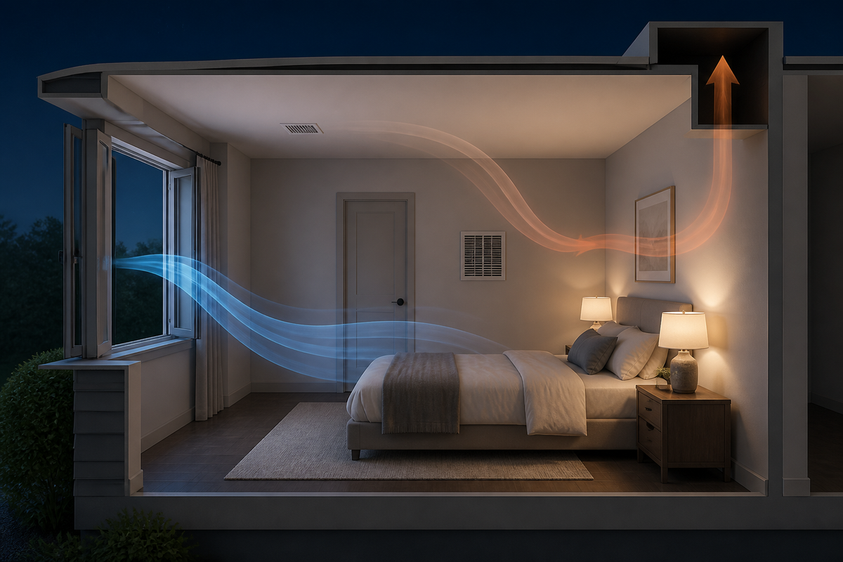 Bedroom with a window, door, ventilation grille, and subtle airflow entering and leaving the room