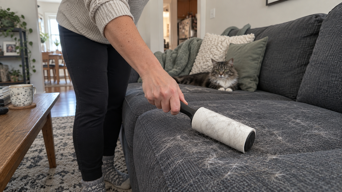Phone photo of a hand removing cat hair from a sofa