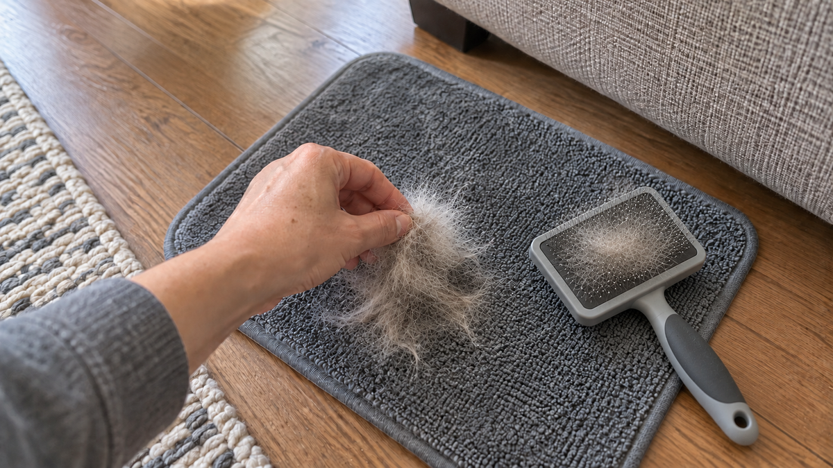 Phone photo of a hand gathering cat hair beside a grooming brush