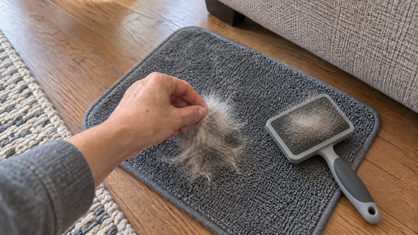 Phone photo of a hand gathering cat hair beside a grooming brush