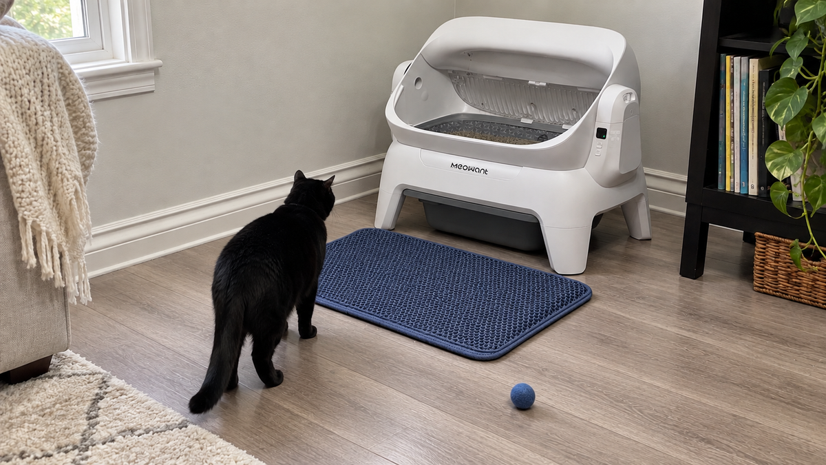 Black cat and blue toy ball outside a still white MEOWANT automatic litter box
