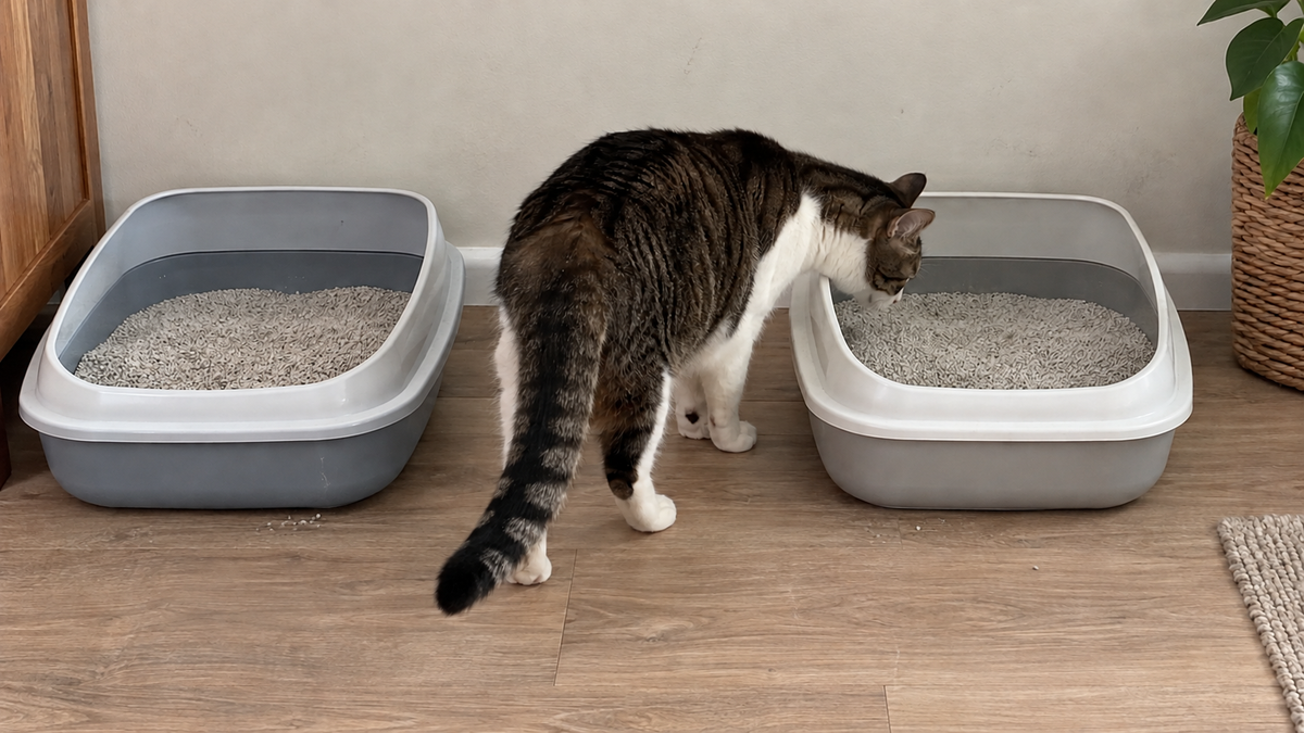 Cat comparing two matching open litter boxes at home