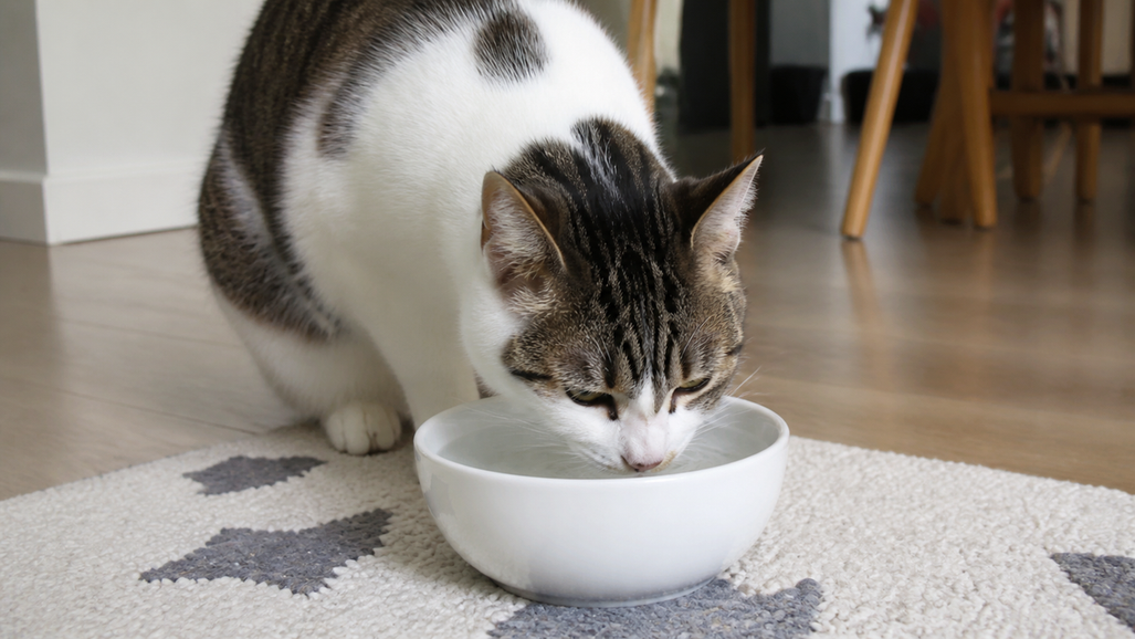 Cat drinking from a white bowl on a rug at home