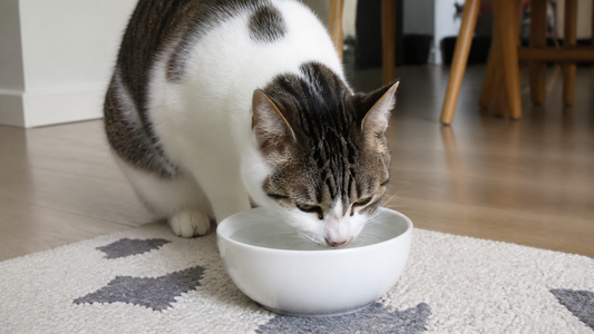 Cat drinking from a white bowl on a rug at home