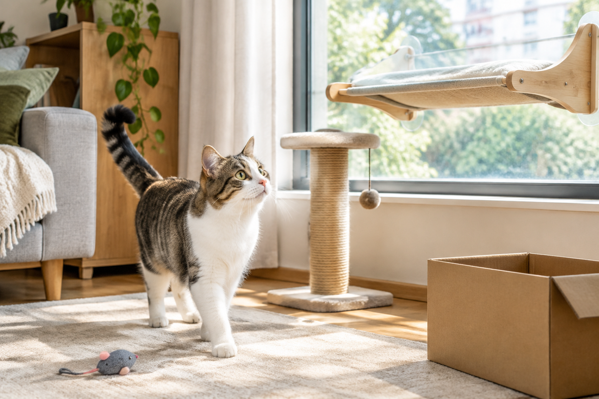 Cat exploring a bright home with a perch, scratcher and toy