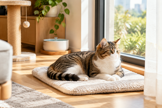 Cat resting near a sunny window while a quiet home sits in the background