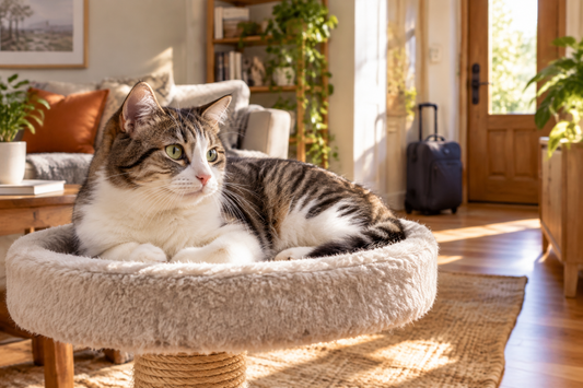 Relaxed adult cat resting in a safe sunlit home while a travel bag sits near the doorway