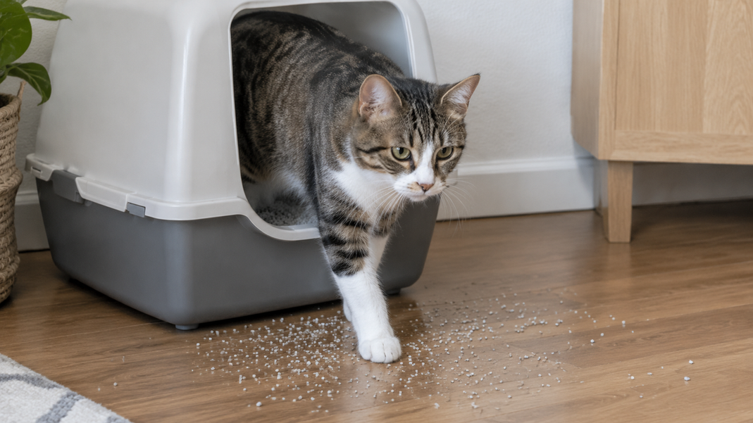 Cat stepping from a litter box with scattered granules nearby