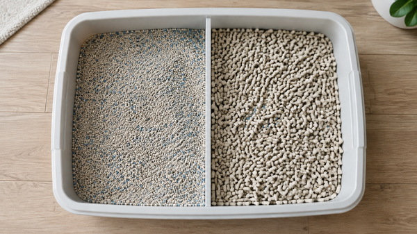 Side-by-side comparison of tofu and clay cat litter particle sizes
