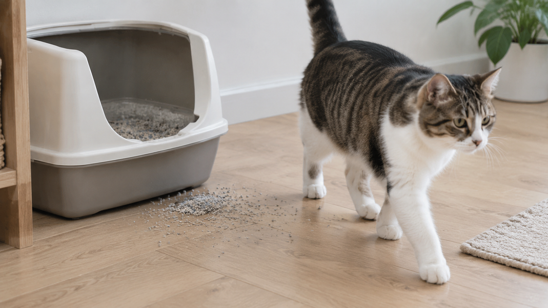 Cat walking past scattered litter beside a litter box
