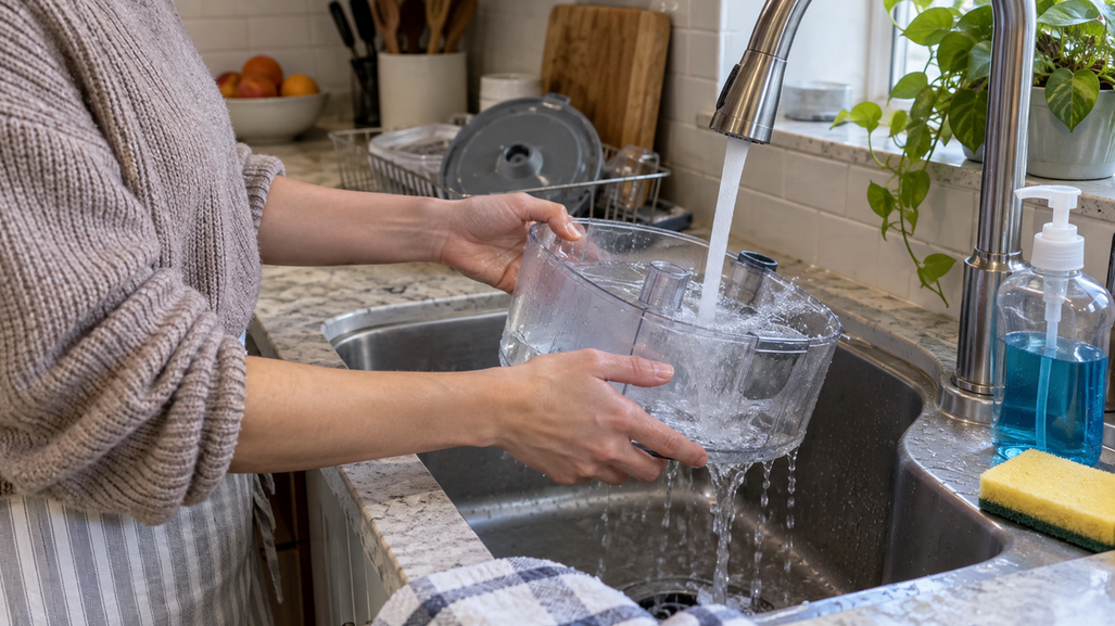 Person rinsing a clear removable water reservoir at a kitchen sink