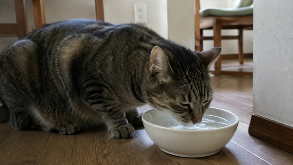 A tabby cat drinking from a white ceramic bowl indoors
