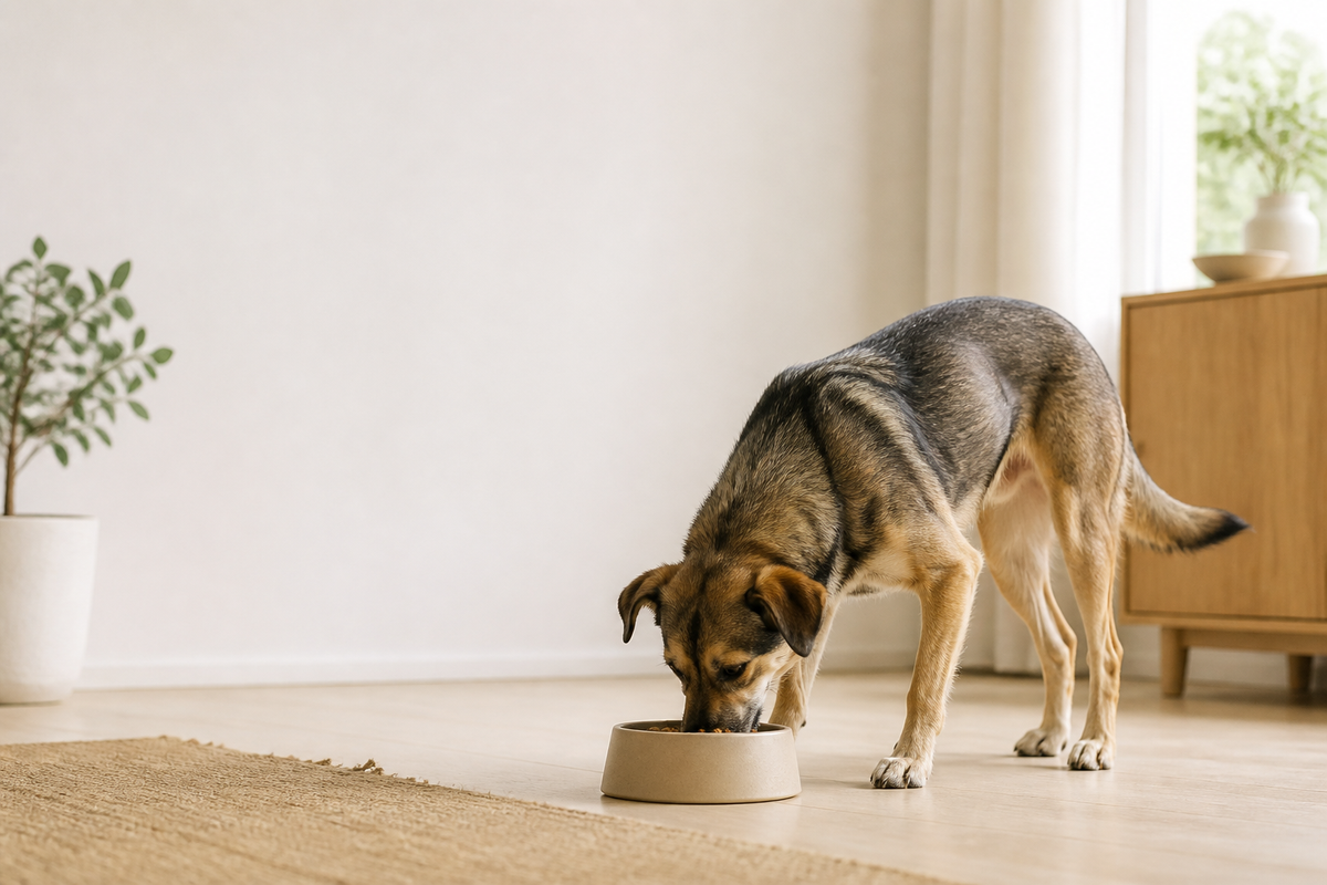 Dog eating from a feeder while calmly focused on its meal in a quiet home