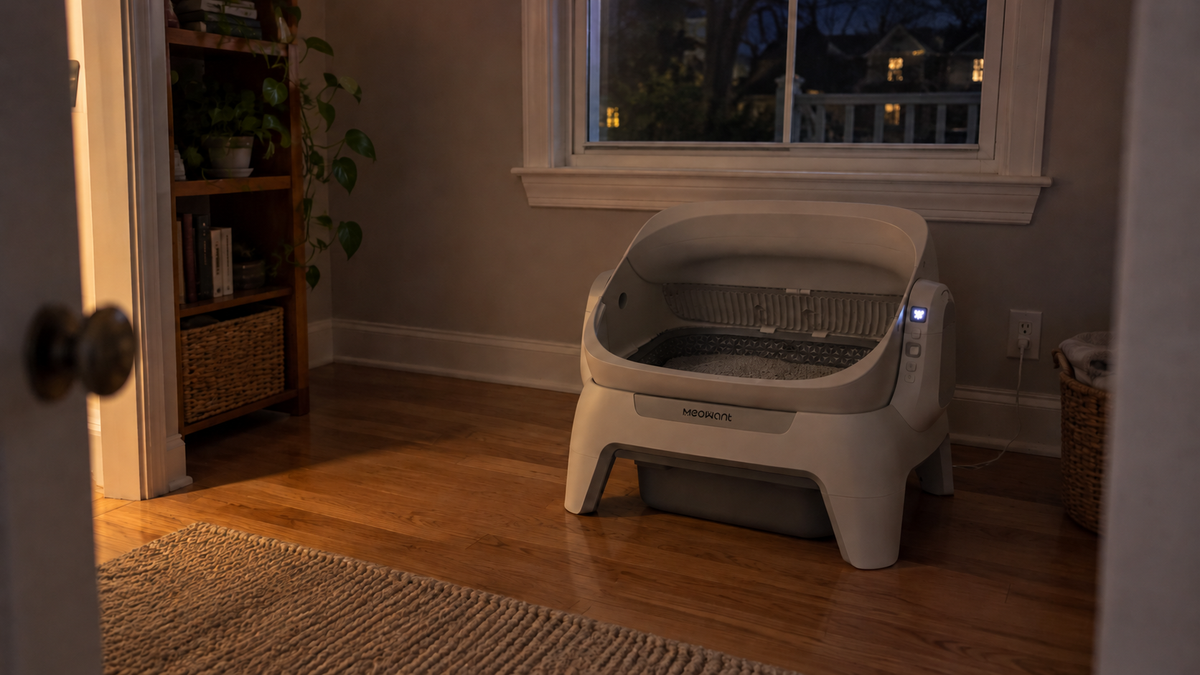 White MEOWANT automatic litter box illuminated in an empty room at night