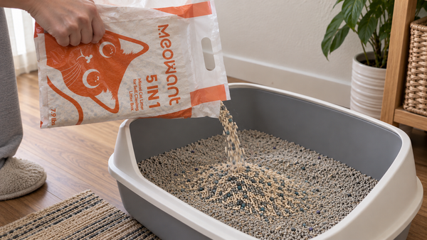 Hand adding a small amount of mixed litter to familiar litter in an open box