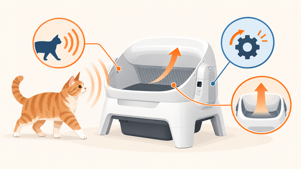 Layered illustration of cat detection, motion interruption, and an open exit