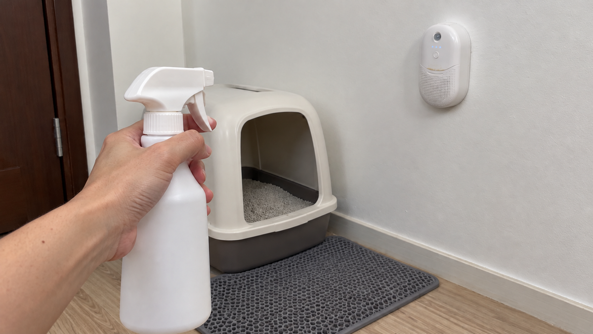 A hand holds a plain manual spray near a litter box while an automatic deodorizer is mounted farther away.
