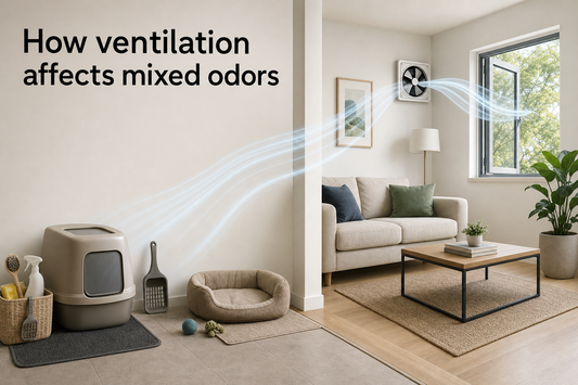 Home airflow moving from a pet-care area toward an outdoor exhaust fan