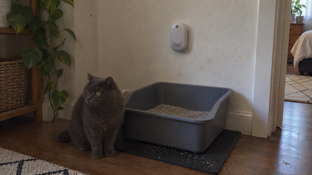 A cat passes a litter area with a wall-mounted motion-activated deodorizer.