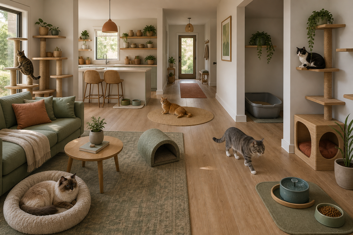Five cats using separate zones and routes in a well-organized home