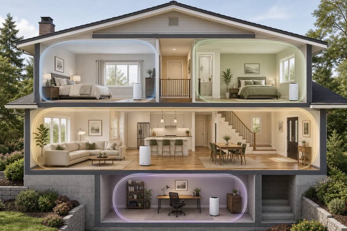 Conceptual cutaway of a multi-level home divided into separate air-cleaning zones