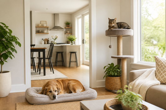 Cat and dog using separate comfortable areas in a shared home