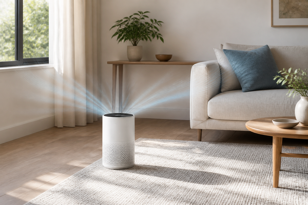 Unbranded air purifier in an open living room area with clear space around its vents