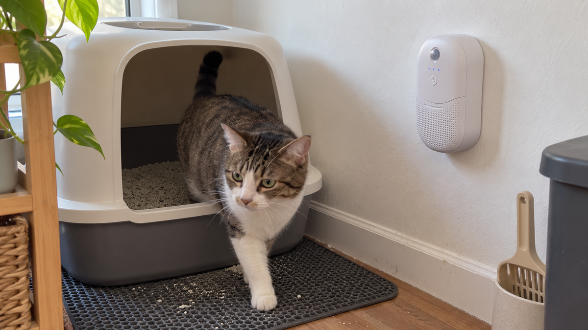 A cat litter area is shown in ordinary early-morning light with the deodorizer mounted on the wall.