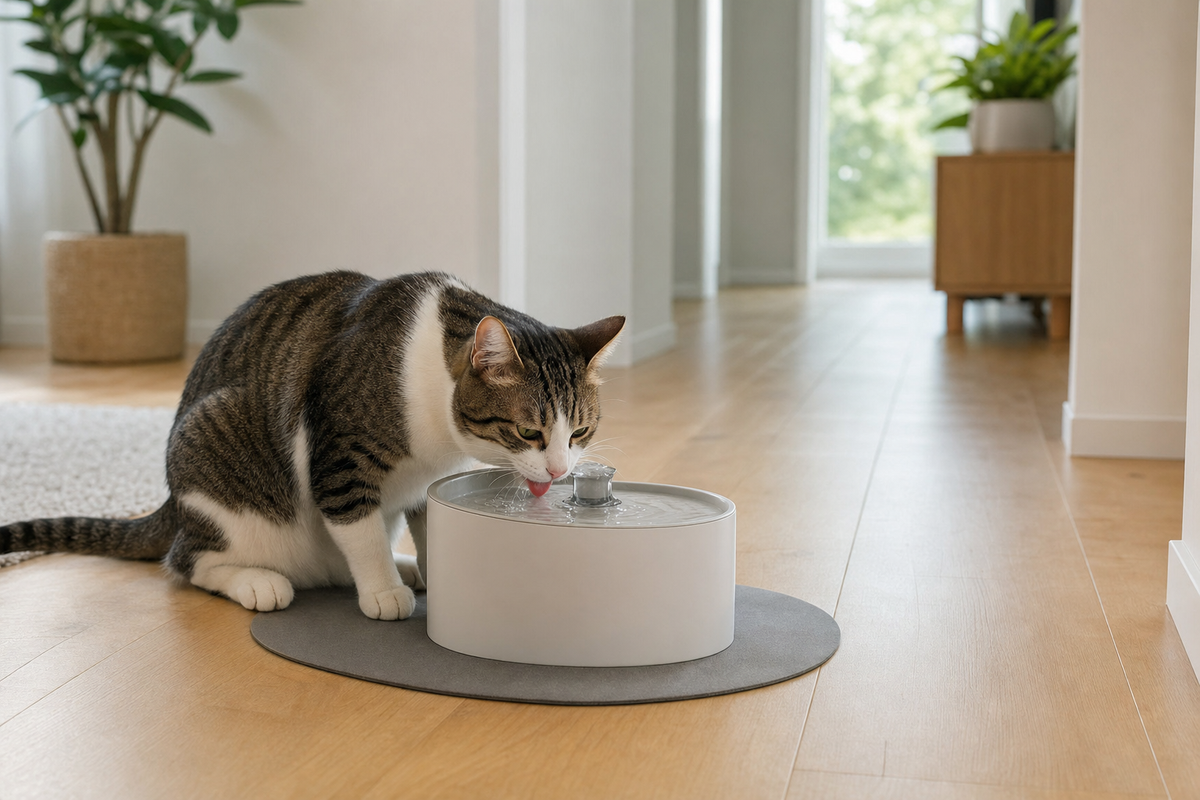 Cat calmly drinking from a fountain in a quiet open area of a home