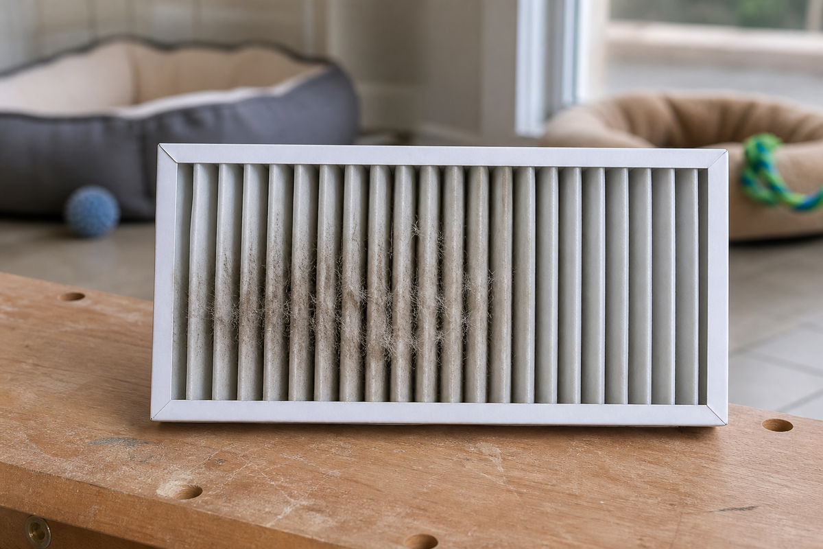 Pleated home air filter with a small amount of pet fur and household dust